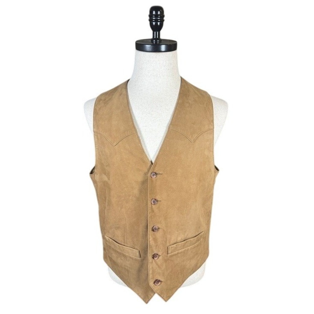 Overland Mens Tan Genuine Suede Leather Western Vest Size 40 Button Front V-Neck